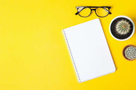 Notebook, glasses and cacti on yellow background, top view