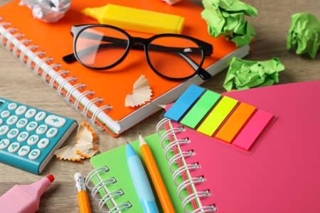 Stationary on wooden background, close up. Study conceptの写真素材
