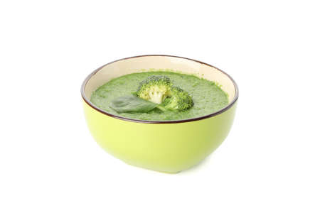 Bowl with broccoli soup isolated on white backgroundの写真素材