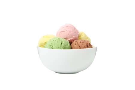 Bowl with ice cream balls isolated on white background