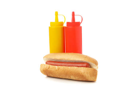 Bun with sausage, mustard and ketchup isolated on white backgroundの写真素材