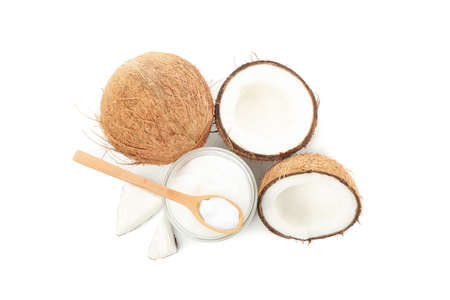 Coconut and cosmetic isolated on white background. Tropical fruit