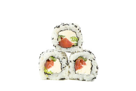Japanese food. Delicious sushi rolls isolated on white backgroundの写真素材