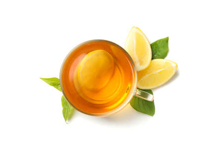 Tea and lemons isolated on white background, top viewの写真素材