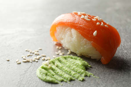 Delicious sushi roll and wasabi on gray background. Japanese foodの写真素材