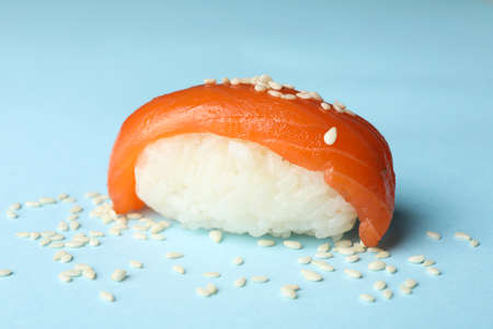 Sushi roll on blue background, close up. Japanese foodの写真素材