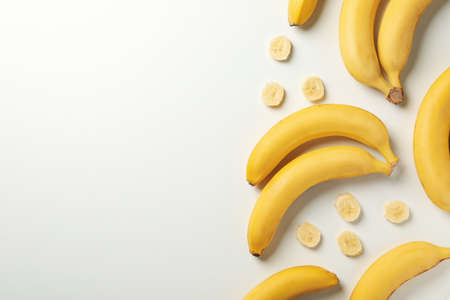 Bananas on white background, top view. Fresh fruitの写真素材