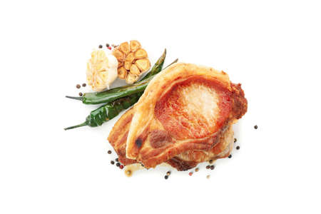 Fried steaks isolated on white background. Grilled foodの写真素材