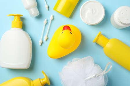 Baby hygiene accessories on blue background, top viewの写真素材