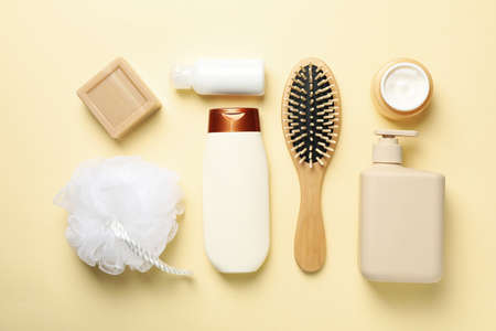 Flat lay with hygiene concept on beige background, top viewの写真素材