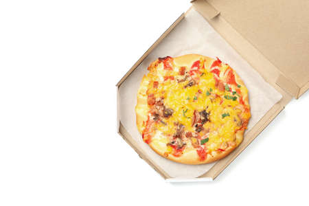 Pizza in take away box isolated on white background