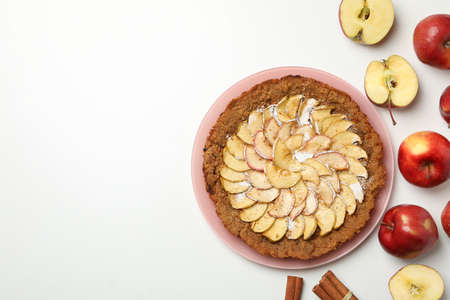 Composition with tasty apple pie on white background, top viewの写真素材
