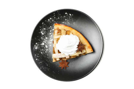 Plate with piece of apple pie isolated on white backgroundの写真素材