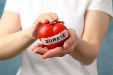 Woman holds heart on blue background, close up. Health care, organ donationの写真素材