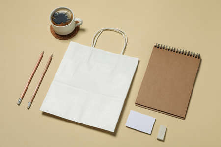 Mockup business brand template on beige background, space for textの写真素材