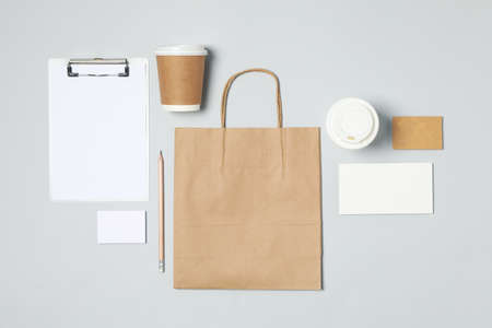Mockup business brand template on light gray background, space for textの写真素材