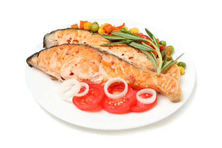 Plate with grilled salmon isolated on white backgroundの写真素材
