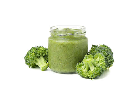 Glass jar with healthy baby food isolated on white backgroundの写真素材