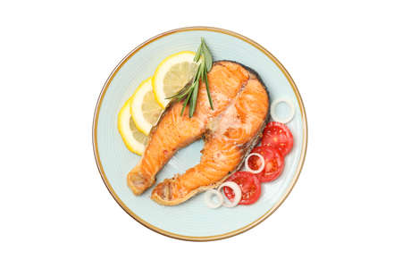 Plate with grilled salmon isolated on white backgroundの写真素材