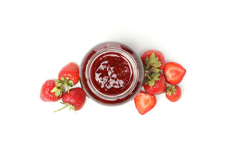 Delicious strawberry jam isolated on white background