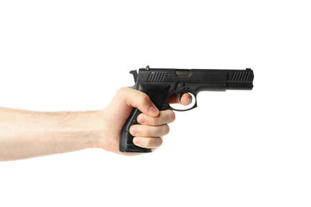 Male hand hold black pistol, isolated on white background