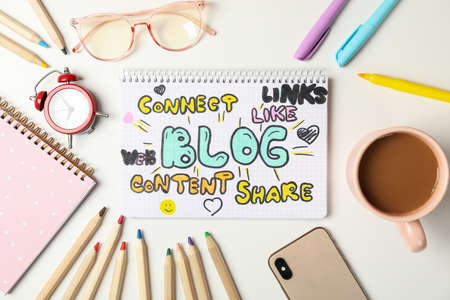 Composition blog accessories on white  background. Blogger workspace