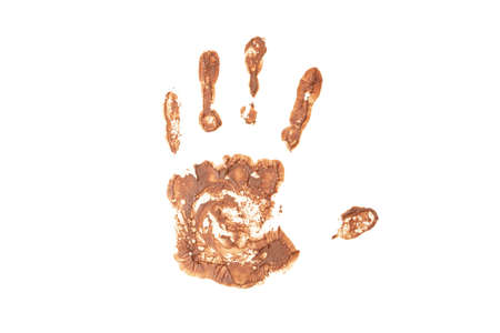 Handprint with chocolate isolated on white backgroundの写真素材