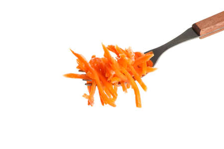 Fork with carrot salad isolated on white backgroundの写真素材