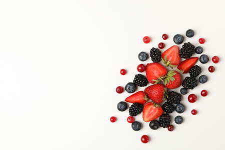 Mix of fresh berries on white background, top viewの写真素材