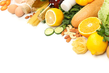 Different food isolated on white background, space for text