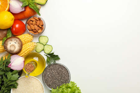 Different food on white background, space for text