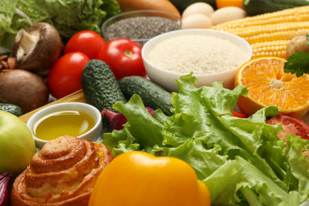 Different food on whole background, close up