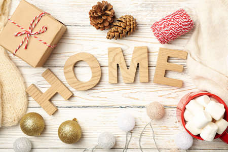 Home made of wood letters on wooden background with winter conceptの写真素材