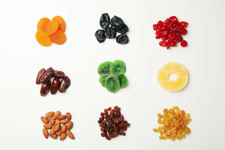 Dried fruits on white background, top viewの写真素材