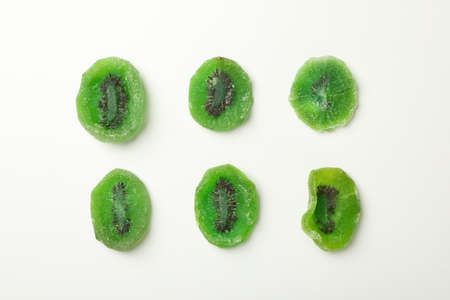 Tasty dried kiwi on white background, top viewの写真素材