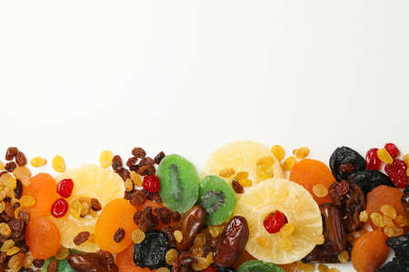 Dried fruits on white background, top view and space for textの写真素材