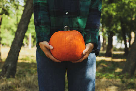 Woman in shirt and jeans hold pumpkin outdoorの写真素材