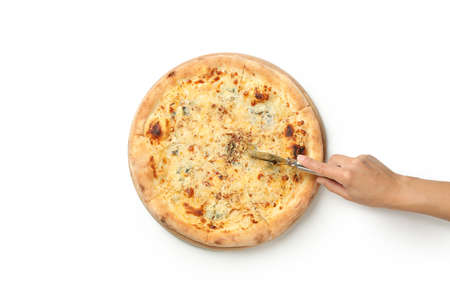 Female hand cut cheese pizza on white background