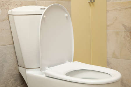 Toilet bowl in modern bathroom in light beige color