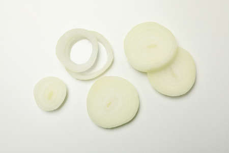 Fresh onion slices on white background, top viewの写真素材