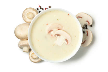 Bowl with tasty mushroom soup isolated on white backgroundの写真素材