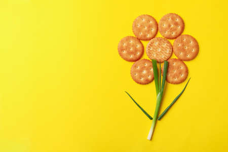 Flower made of crackers and onion on yellow backgroundの写真素材