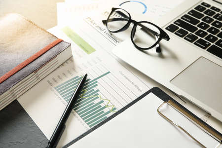 Concept of financial planning on black table, close up
