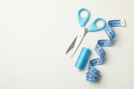 Sewing supplies on white background, top viewの写真素材