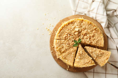 Board with delicious Napoleon cake, top view