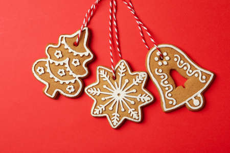 Tasty Christmas cookie on red background, close up