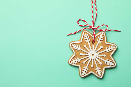 Tasty Christmas cookie on mint background, space for text