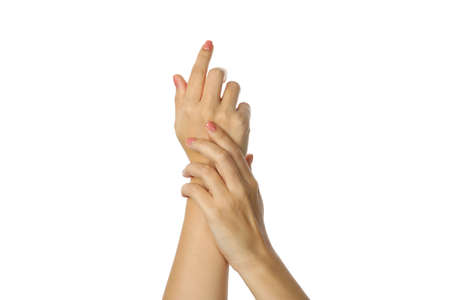 Cute female hands with pink manicure isolated on white background