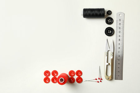 Sewing supplies on white background, top viewの写真素材