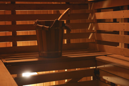 Interior of classic wooden sauna with bucketの写真素材